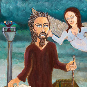 bearded man with winged woman behind him